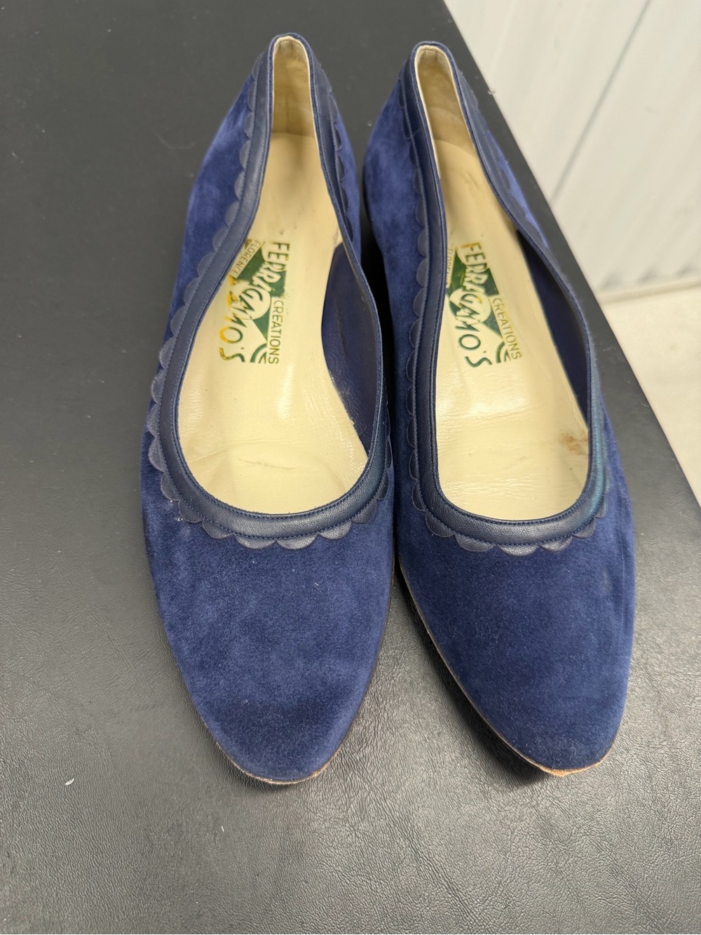 Salvatore Ferragamo Creations Blue Suede Scalloped Flats size 38.5